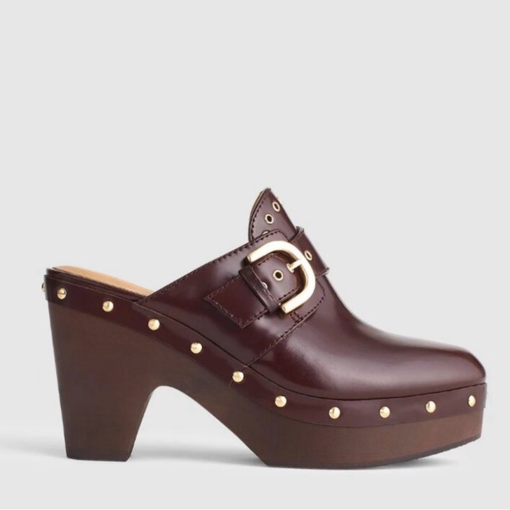 NWOT Madewell The Wes Leather Buckle Strap Clog 6.5 Brown Studded Slip On Heel